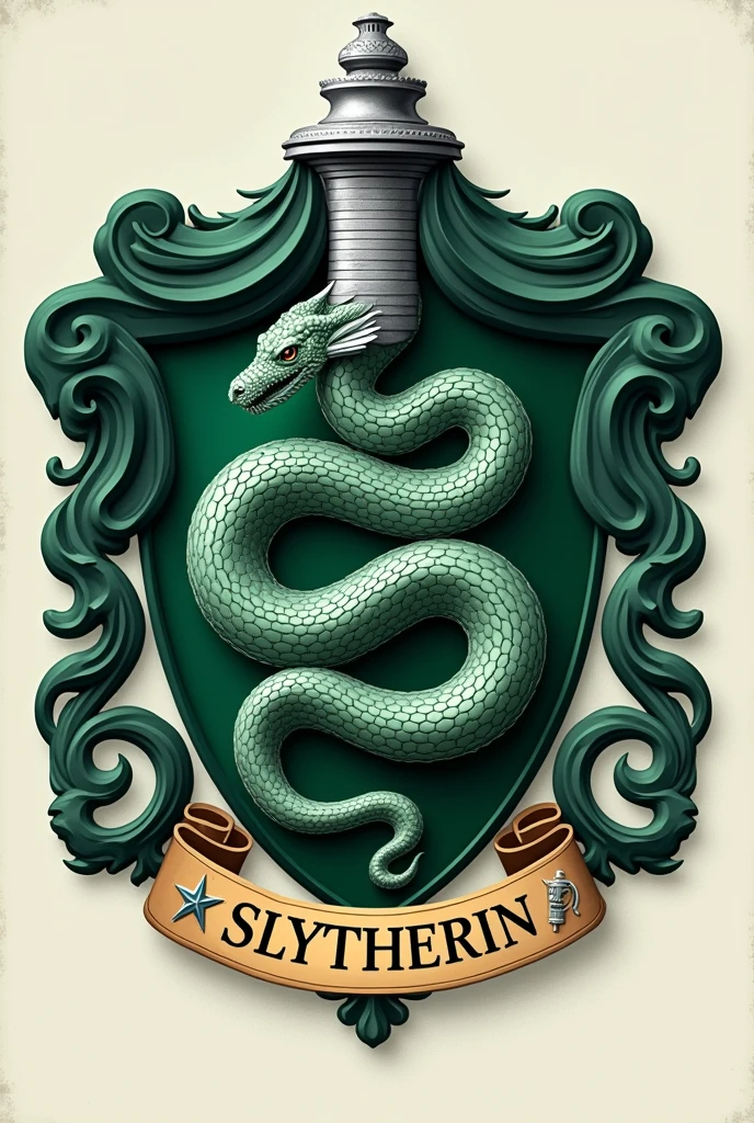 A crest that combines elements of Slytherin and nursing. The coat of arms features a large green serpent, similar to Slytherin, wrapped around a silver lamp in the style of Aladdin&#39;s lamp, which symbolizes nursing. The snake has shimmering green and silver scales, with an elegant and slightly intimidating appearance. The background of the coat of arms follows the shape of the Slytherin shield., predominantly green with silver details. At the base of the coat of arms, there is a banner with the word &#39;Slytherin&#39; on it, adorned with small nursing symbols, like a syringe and a stethoscope on the ends. The overall design combines the mystical and academic aura of Slytherin with the caring and professional aspects of nursing., creating a unique and harmonious emblem. in a minimalist way
