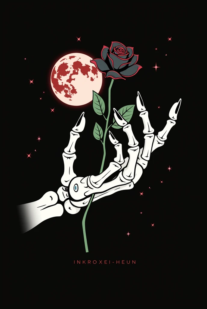 High resolution, logo spelling Luxury “LUNA” , brand logo, LUNA”, shooting stars, Waves of hallucinations inside “LUNA, splash, black roses with green leaves, blood moon, horror, white background, skeleton hand holding black rose, tattoo,