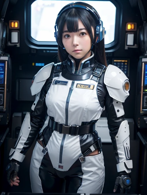 masterpiece, Highest quality, Very detailed, Japanese Android girl,Plump,A little thick,Control panel,robot arms,robot,Android,cyborg,Blunt bangs,robot repair plant,Fighter cockpit,Black combat uniform,Harness Belt,headset