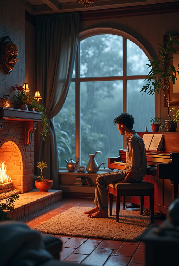 A cozy room with a piano and fireplace, where is a window that can see the rain outside.