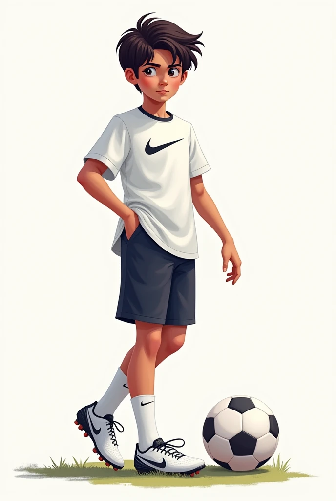 Create a profile picture of a  boy playing football and add original, clearly visible Nike football boots white with black Nike swoosh and has the foot on the ball. He has dark brown hair and two halves are styled to the side. Please in vector graphics