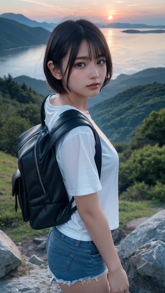 Highest quality, masterpiece, Ultra-high resolution, (Realistic:1.3), RAW Photos, (Nature landscape photography), (Majestic Mountain々The summit of the, sea of clouds), (On top of a very large mountain), (sunset), (One Girl), (Upper Body), (20-year-old), (smile:0.9), (Glowing Skin), (short hair, Dark brown hair), (White T-shirt), (Casual shorts), (Carry a large backpack on your back), (Ultra detailed face), (Super beautiful poop), (Highly detailed eyes), (Highly detailed nose), (Highly detailed mouth), (Very skilled hands), (Super-detailed body), Sony a7, 85mm lens, f9.0, Pan Focus
