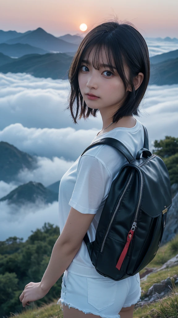 Highest quality, masterpiece, Ultra-high resolution, (Realistic:1.3), RAW Photos, (Nature landscape photography), (Majestic Mountain々The summit of the, sea of clouds), (On top of a very large mountain), (sunset), (One Girl), (Upper Body), (20-year-old), (smile:0.9), (Shiny skin), (short hair, Dark brown hair), (White T-shirt), (Casual shorts), (Carry a large backpack on your back), (Ultra detailed face), (Super beautiful poop), (Highly detailed eyes), (Highly detailed nose), (Highly detailed mouth), (Very skilled hands), (Super-detailed body), Sony a7, 85mm lens, f9.0, Pan Focus
