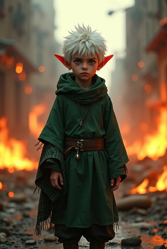 (photorealism:1.2), A young guy (about 1) with fluffy snow-white hair, pointed ears and tired eyes stands in the middle of a burning city. He is dressed in dark green clothes, and a piece of cloth in a black and green check is wrapped around his arm. This piece of cloth, as well as his clothes, are singed