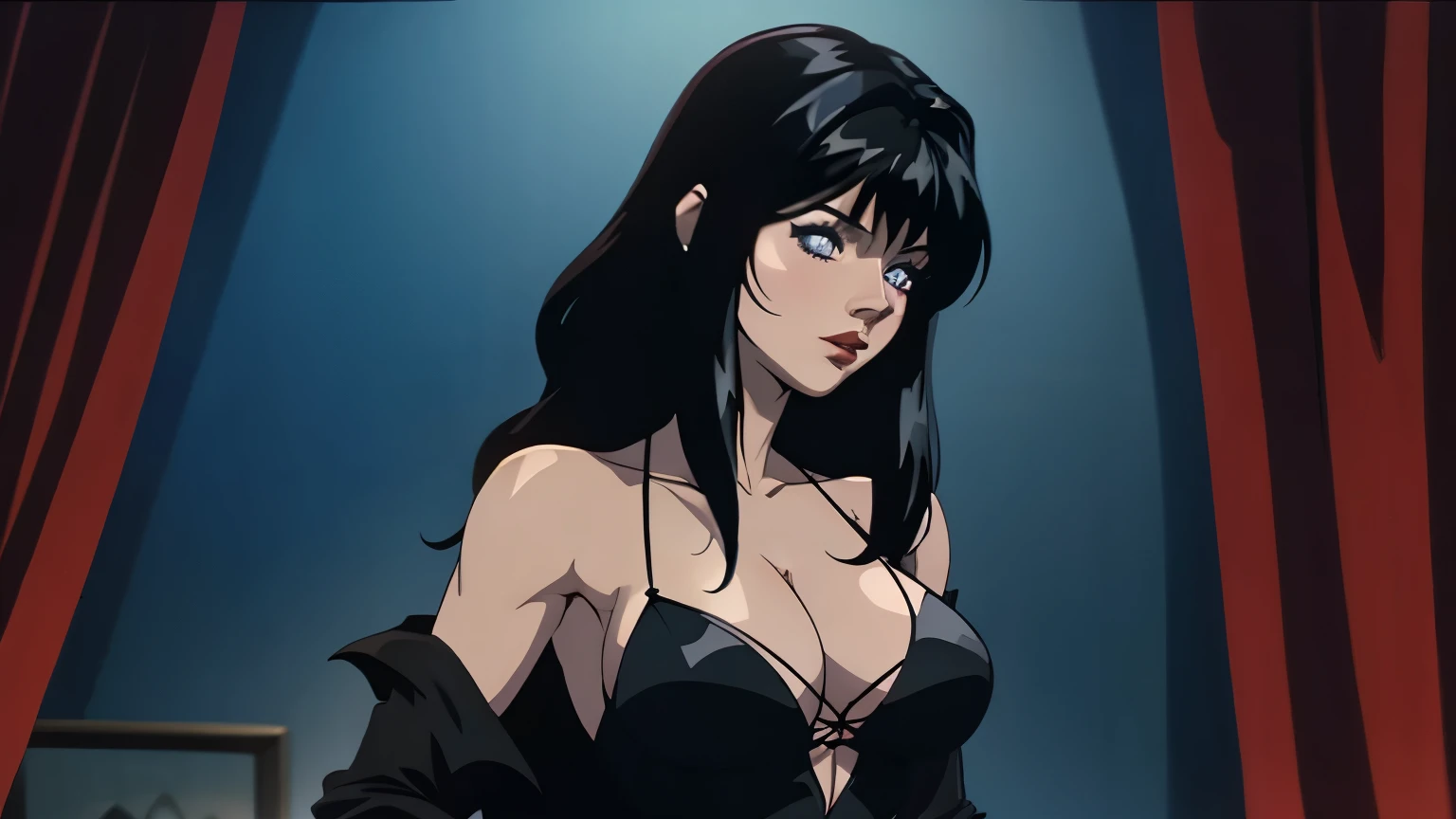 Cassandra Peterson as Elvira, Lord of Darkness: beautiful breasts, black hair, long and tight black dress with a neckline, long 80's style hair, Tim Burton styling
