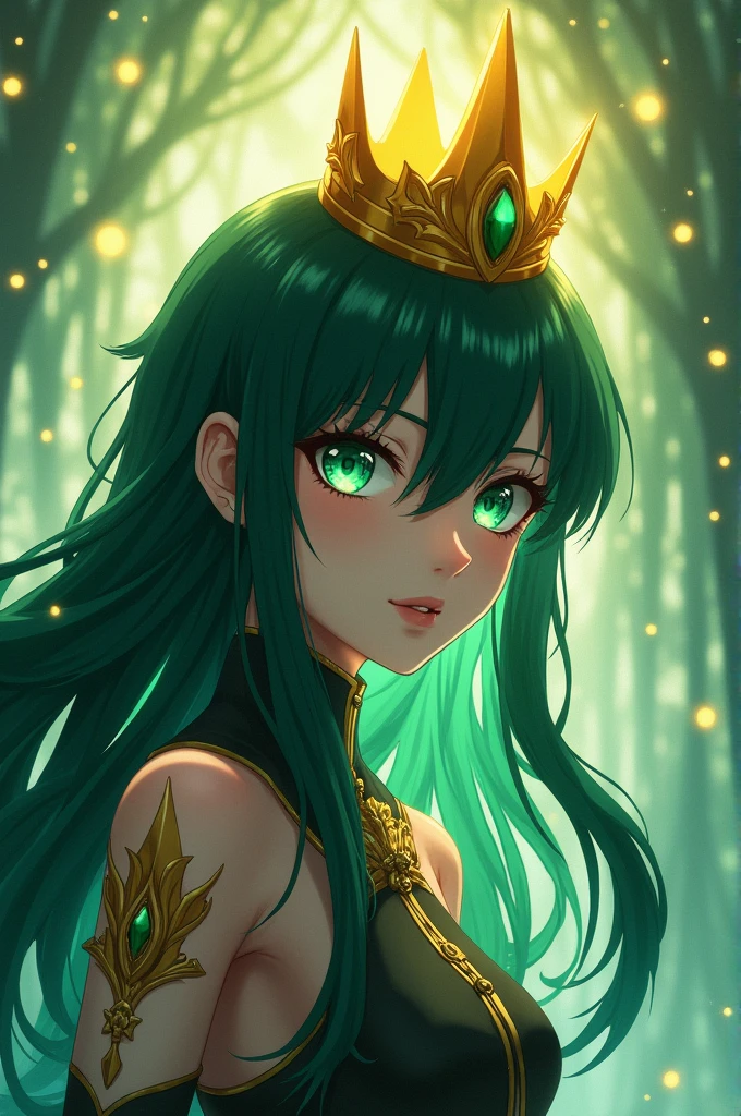An adult anime with a yellow crown light green eyes dark green hair