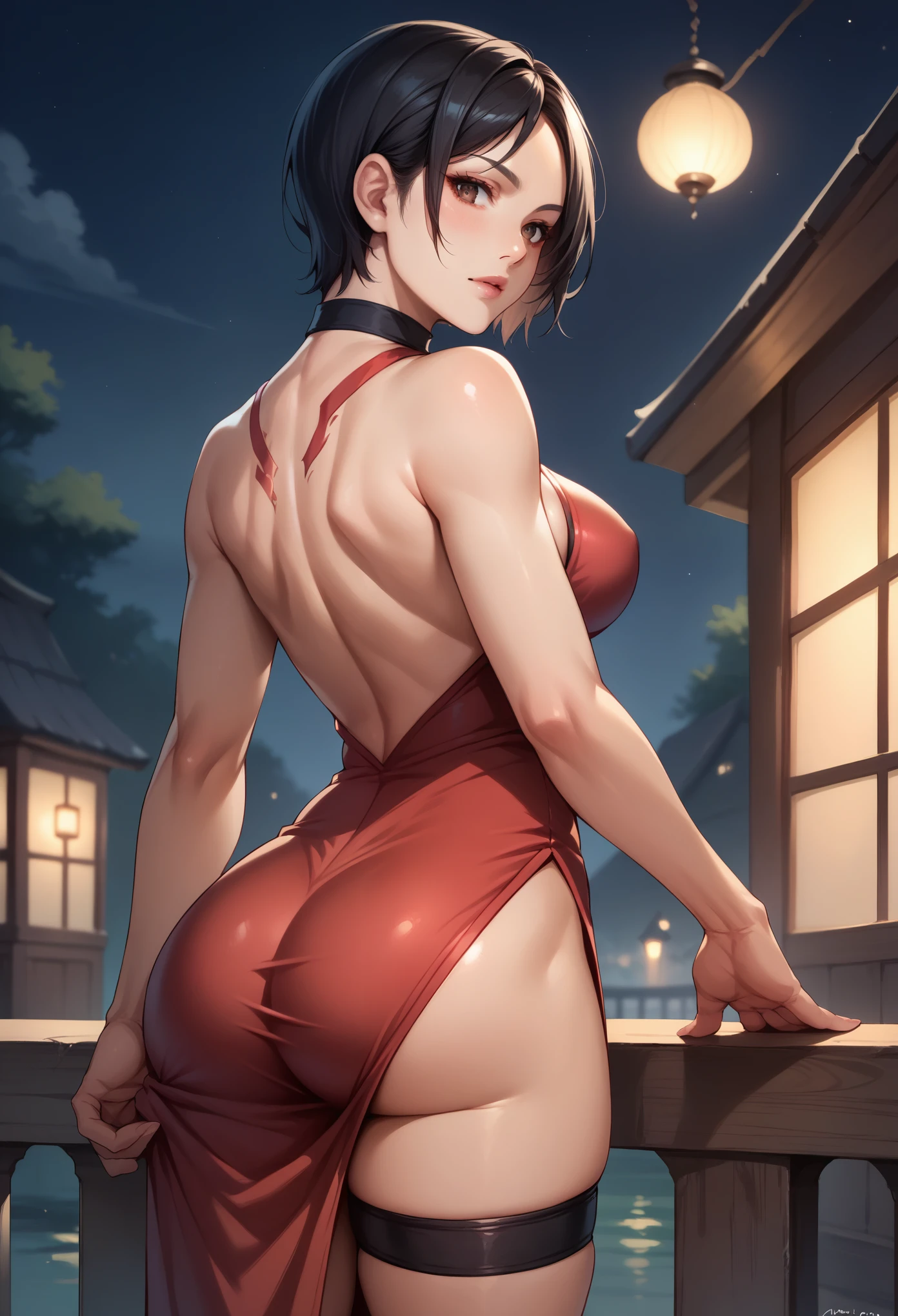 score_9, score_8_up, score_7_up, BREAK, score_9, adachina, black hair, breasts, short hair, black eyes, china dress, choker, thigh strap, side slit, looking at viewer, cowboy shot, small ass, from behind, dark sky, night