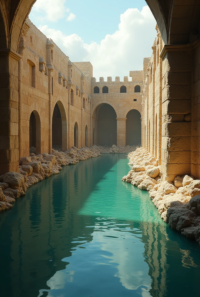 Pool of Siloam Jerusalem with ruins on the side of it place it destroyed without affecting the water 
