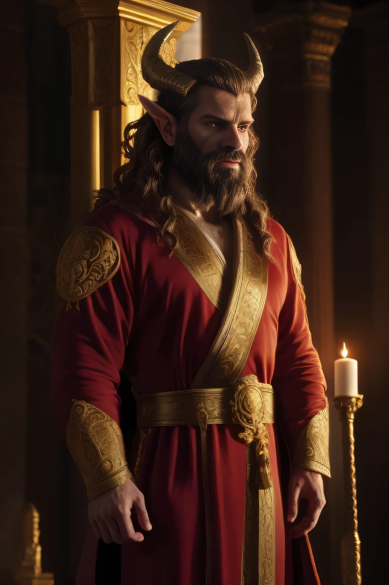 man in ancient king suit, long wavy brown hair, detailed brown eyes, detailed beard, horns, red robe, detailed ornate golden crown, intricate royal clothing, dramatic lighting, cinematic composition, epic fantasy, highly detailed, 8k, photorealistic