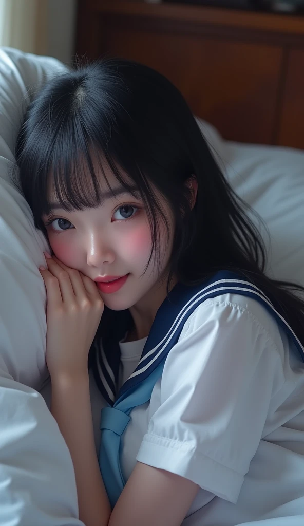 (32K:1.9, Realistic:1.9, Highest quality, masterpiece, Ultra-high resolution), Perfect dynamic composition:1.3, Highly detailed skin and facial textures:1.3, (Cute sexy slim Japanese schoolgirl, height: 155cm), ((Lying in bed。Kiss you:1.4)), Fair skin, ((Clarity:1.1)), (The woman is wearing a uniform with a light blue bow tie., Ponytailed black hair:1.3, smile:0.9, A man completely charms a woman:0.9, beautiful Blue Eyes, beautiful, Clear Eyes:0.8), Sexy Face:0.4, blush:1.1, ((beautifulエロティシズムを醸し出す雰囲気:1.0, Professional random camera work:1.0, Cinematic Lighting Effects:1.0, romantic:1.0, artistic:1.0, mysterious:1.0)), Too erotic, Object of admiration, original, dramatic, Innovative, charm, Heartful, Fancy, Tilt, sense of loss, special, exciting, Extreme, sense of openness, joy, joyの表現, ((若さのcharm, 女性的なcharm))