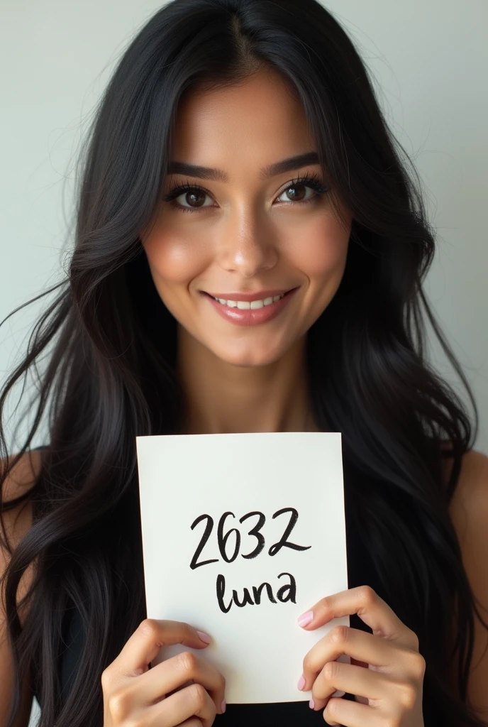 Generate a highly detailed, ultra-realistic portrait of a woman of Asian descent from Turkey. She has long, flowing black hair that frames her face beautifully, with some strands gently cascading down her neck and shoulders. Her deep black eyes have thick, expressive eyelashes, and her skin tone is a warm medium shade. Her full, natural lips form a gentle, relaxed smile. The image should capture the following: The woman is holding a piece of paper in front of her, clearly visible and centered in the frame. The paper has "2632 Luna" written on it in a legible, neat handwriting. Her entire face, neck, and upper shoulders are visible, with a focus on ensuring her features are clear and vivid. The photo is taken with a high-definition camera, highlighting the texture of her skin, the depth of her eyes, and the shine of her hair. The background is clean and minimalist, ensuring the focus remains on the woman and the paper.Ensure that the paper prominently displays the inscription "2632 Luna" in clear, legible handwriting. The text must be easily readable and centered on the paper. Avoid any images where the paper is crumpled, obscured, or where the inscription is not visible or illegible. Ensure that no other text or markings are present on the paper that could distract from or obscure the required inscription.
