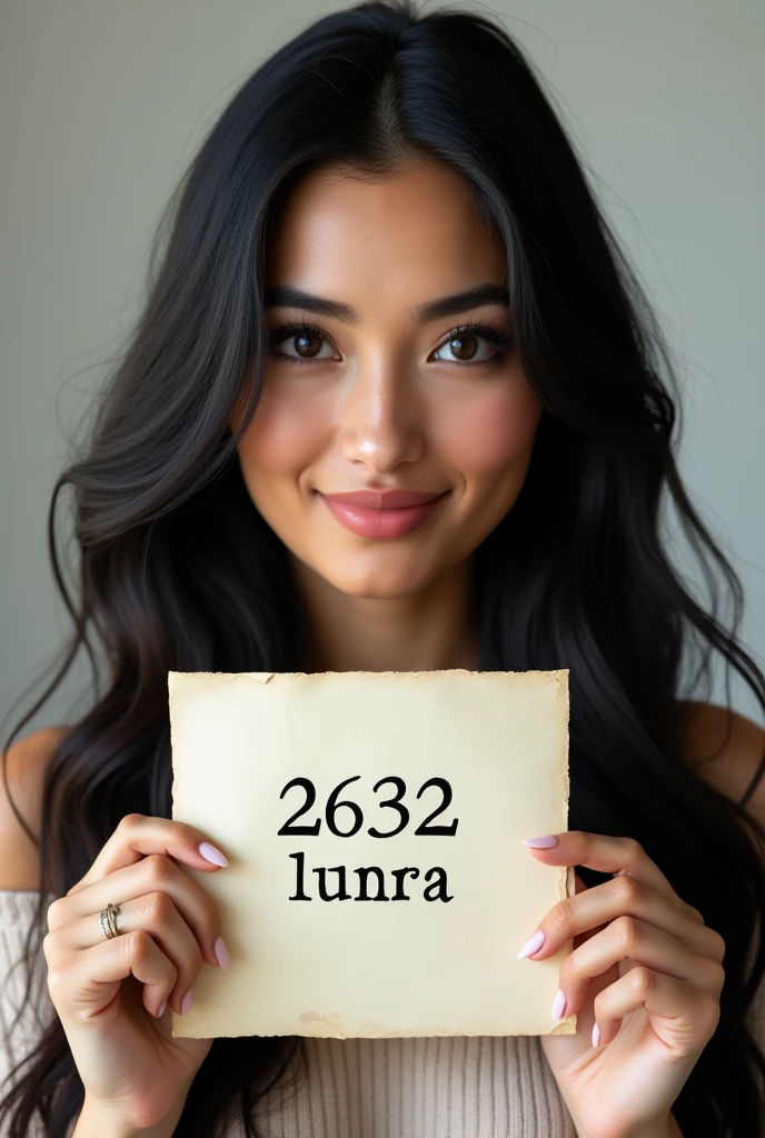 Generate a highly detailed, ultra-realistic portrait of a woman of Asian descent from Turkey. She has long, flowing black hair that frames her face beautifully, with some strands gently cascading down her neck and shoulders. Her deep black eyes have thick, expressive eyelashes, and her skin tone is a warm medium shade. Her full, natural lips form a gentle, relaxed smile. The image should capture the following: The woman is holding a piece of paper in front of her, clearly visible and centered in the frame. The paper has "2632 Luna" written on it in a legible, neat handwriting. Her entire face, neck, and upper shoulders are visible, with a focus on ensuring her features are clear and vivid. The photo is taken with a high-definition camera, highlighting the texture of her skin, the depth of her eyes, and the shine of her hair. The background is clean and minimalist, ensuring the focus remains on the woman and the paper.Ensure that the paper prominently displays the inscription "2632 Luna" in clear, legible handwriting. The text must be easily readable and centered on the paper. Avoid any images where the paper is crumpled, obscured, or where the inscription is not visible or illegible. Ensure that no other text or markings are present on the paper that could distract from or obscure the required inscription.