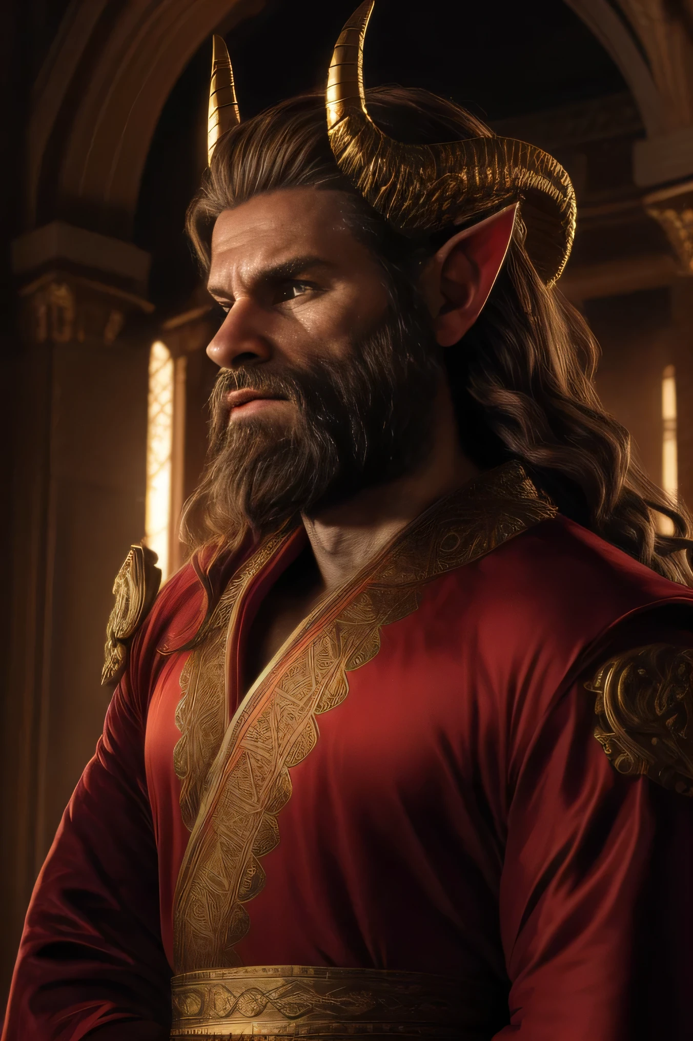 man in ancient king suit, long wavy brown hair, detailed brown eyes, detailed beard, horns, red robe, detailed ornate golden crown, intricate royal clothing, dramatic lighting, cinematic composition, epic fantasy, highly detailed, 8k, photorealistic