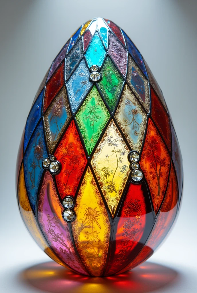 Stained Glass Egg: An egg made entirely of colorful, translucent glass panels, resembling a stained glass window. Light could pass through it, casting beautiful patterns and reflections, with each panel featuring a different motif or symbol with white background