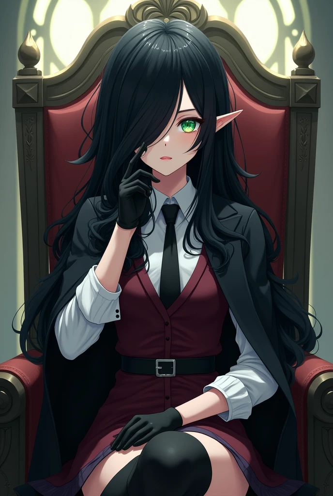 A female elf anime character sitting on a throne with her face resting on one hand with a serious and penetrating look. Young and serene in appearance with long, below-the-shoulder length, wavy, dark black hair, with an asymmetrical hairstyle that partially covers one side of her face, her right eye is covered by her hair. His eyes are an intense green color. He wears black clothing including a long, dark trench coat with long sleeves and wine red suit pants. The trench coat has a belt tied at the waist, which fastens at the front. He has a white button-down shirt and a small closed wine red vest. He wears gloves, knee-high boots and a tie, all three black. The posture and facial expression suggest that she is ready for a battle or quick action. She is tall and serious. That represents light and darkness.