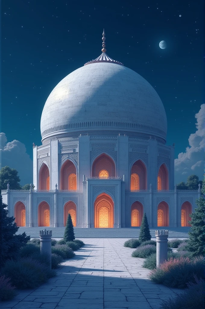 Illustration of a giant dome palace made of white stones at night
