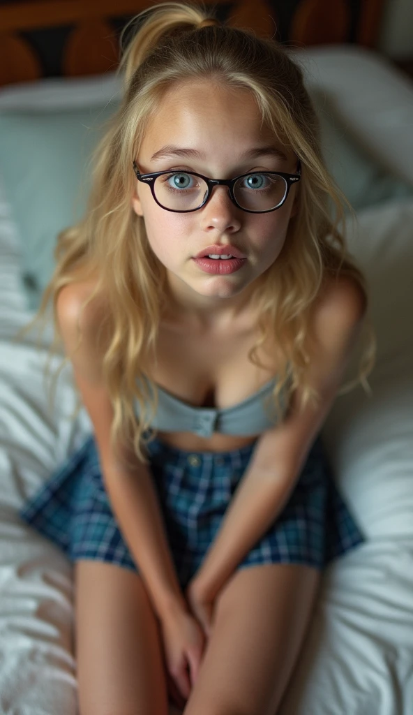 beautiful sexy little tween AnnaSophia Robb school girl, thin, long blonde hair, blue eyes, nice bottom, nice bottom, big red lips, dressed like a whore, tiny short blue plaid skirt, wearing only lingerie, scared, nice legs, nice bottom, lying on bed with legs opened, ultra realistic, wearing glasses, wearing cropped top, fit, pony tail, ful body image, awesome fit body, viewed from above, missionary pose, thick over her face, cum on face, bukakke, facialized, semen on all her face, cumshot, cum shot