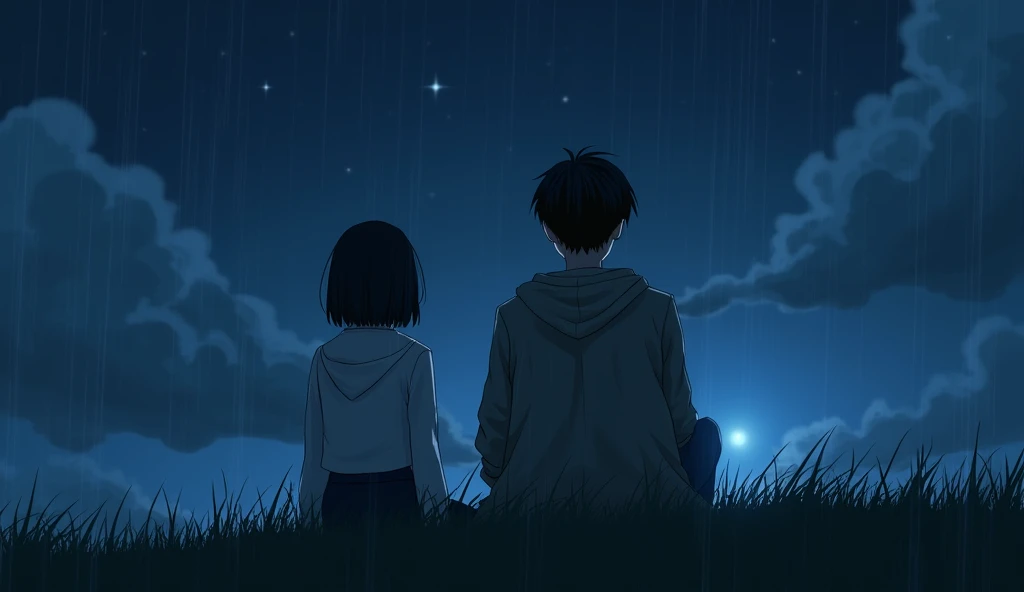 On a moonless night, after the rain, when the dark clouds began to drift away and the stars started to shine, a tall, slender young man with short dark hair, wearing a raincoat and a white shirt, sat on a hill with his back turned, gazing up at the moon that shone like a bright memory from the past. Suddenly, a woman wearing a hoodie over a white collared shirt and a black skirt, with shoulder-length black hair, sat down next to him as he looked at the stars in the sky.