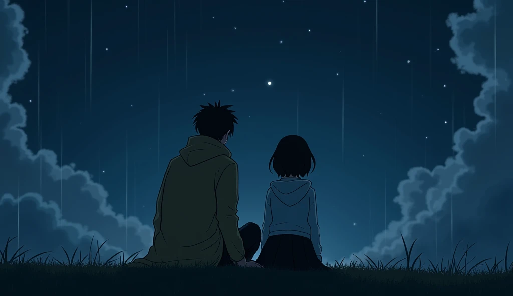 On a moonless night, after the rain, when the dark clouds began to drift away and the stars started to shine, a tall, slender young man with short dark hair, wearing a raincoat and a white shirt, sat on a hill with his back turned, gazing up at the moon that shone like a bright memory from the past. Suddenly, a woman wearing a hoodie over a white collared shirt and a black skirt, with shoulder-length black hair, sat down next to him as he looked at the stars in the sky.