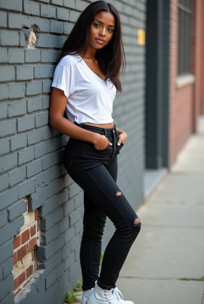 ### Young woman:
age: 23 Height: 175 cm Nationality African American
### 1. **face**:
- **Face Shape**: Oval face, dark skin, warm chocolate shade.
- **eyes**: Big brown eyes with long eyelashes. The look is soft and calm.
- **lips**: full, expressive lips of natural dark pink color, With a slight smile.
- **nose**: nose прямой, with rounded nostrils, neatly shaped.
- **hair**: medium length, white, straight, with a slight wave Natural skin, no shine
### 2. **Figure**:
- **physique**: Average height, with a feminine figure and smooth curves. The waist is clearly defined, rounded hips, creating a silhouette "hourglass".
- **breast:** 3 size, natural form - **shoulders**: Slightly sloping, what makes the figure softer.
- **legs**: Slender, long legs with toned muscles.
### 3. **cloth**:
- **top**: короткая рубашка white
- **through**: jeans black oversize.
- **shoes**: High top white sneakers.
### 4 Out:
- dynamic pose
### 5. **Location**:
- **background**: gray brick wall facing the street - **Lighting**: daytime - **details**: some bricks are broken - **mood**: Cozy and calm atmosphere, the girl looks relaxed, loneliness.
