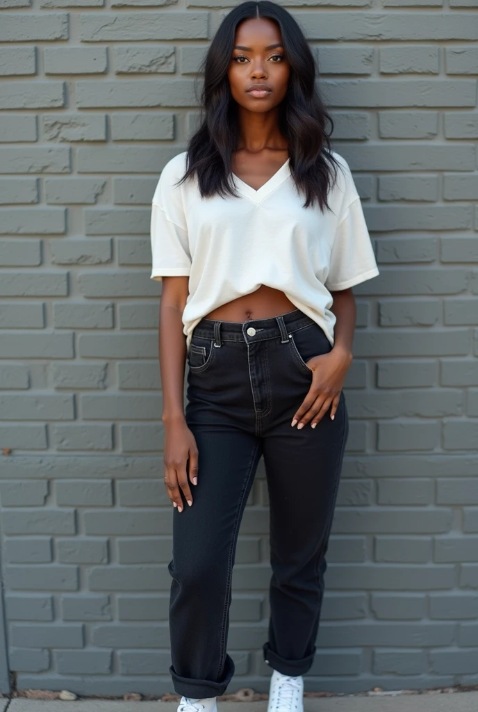### Young woman:
age: 23 Height: 175 cm Nationality African American
### 1. **face**:
- **Face Shape**: Oval face, dark skin, warm chocolate shade.
- **eyes**: Big brown eyes with long eyelashes. The look is soft and calm.
- **lips**: full, expressive lips of natural dark pink color, With a slight smile.
- **nose**: nose прямой, with rounded nostrils, neatly shaped.
- **hair**: medium length, white, straight, with a slight wave Natural skin, no shine
### 2. **Figure**:
- **physique**: Average height, with a feminine figure and smooth curves. The waist is clearly defined, rounded hips, creating a silhouette "hourglass".
- **breast:** 3 size, natural form - **shoulders**: Slightly sloping, what makes the figure softer.
- **legs**: Slender, long legs with toned muscles.
### 3. **cloth**:
- **top**: короткая рубашка white
- **through**: jeans black oversize.
- **shoes**: High top white sneakers.
### 4 Out:
- dynamic pose
### 5. **Location**:
- **background**: gray brick wall facing the street - **Lighting**: daytime - **details**: some bricks are broken - **mood**: Cozy and calm atmosphere, the girl looks relaxed, loneliness.