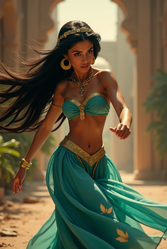 Stunning Princess Jasmine, photo in 8k, in action, cinematic.