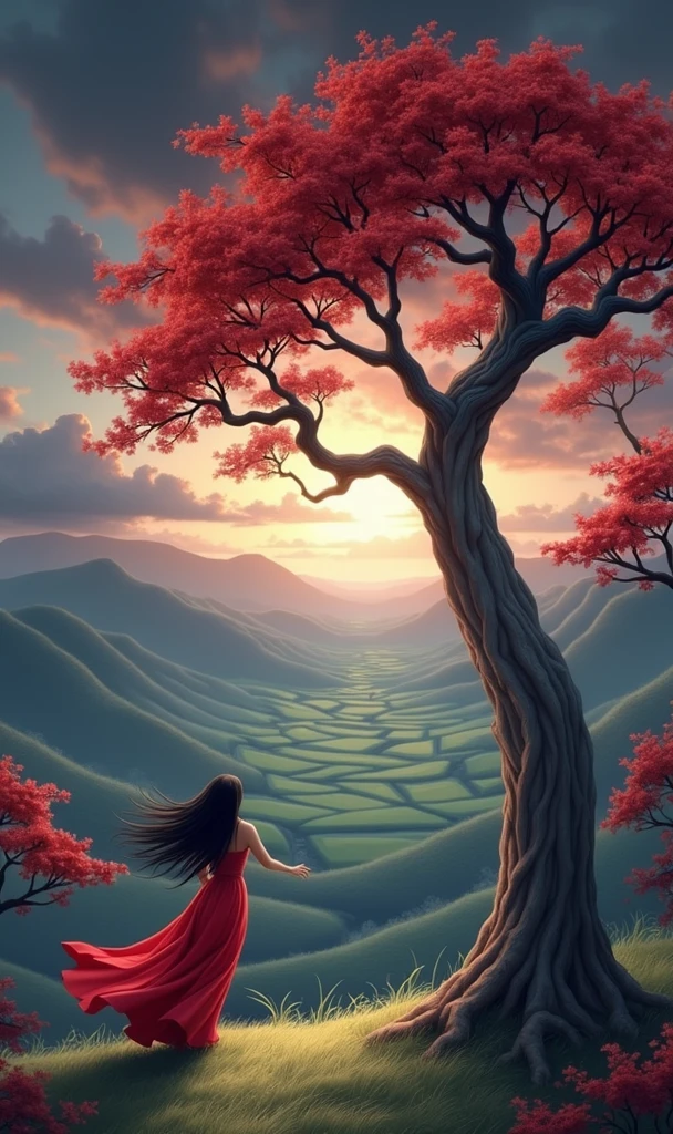 A landscape of a large tree with a gray trunk and lush red flowers on a green lawn in the background an endless green field we see in the distance a woman with long black hair that flies in the wind standing touching the tree with her outstretched arm she wears a simple long red dress that also flies in the wind the image is realistic and well detailed