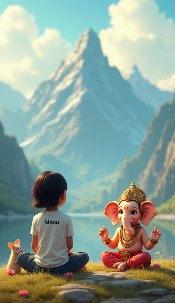 Create a digital artwork featuring a serene landscape with mountains in the background. In the foreground, depict a Child Girl sitting cross-legged, wearing modern clothing with her name, 'Manu' written on her T-shirt. Next to her, place Child Ganesha. A small mouse, Lord Ganesha's vehicle, should be sitting nearby Wow, you have caught a juicy laddu. Lord Ganesha should be adorned with traditional jewelry and clothing, exuding a divine and peaceful aura. The overall scene should blend elements of traditional spirituality with modern aesthetics, creating a harmonious and serene atmosphere."