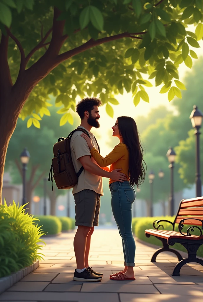 A realistic image of a meeting in a tree-lined square between a man (40 year old, Cao Cao, Scrawny, unshaven beard, with a travel backpack on the side) is a woman (3, Average height, Long dark hair, gorda). They are virtual lovers and are meeting for the first time., coming to meet each other in a warm embrace under a tree under which there is a bench.