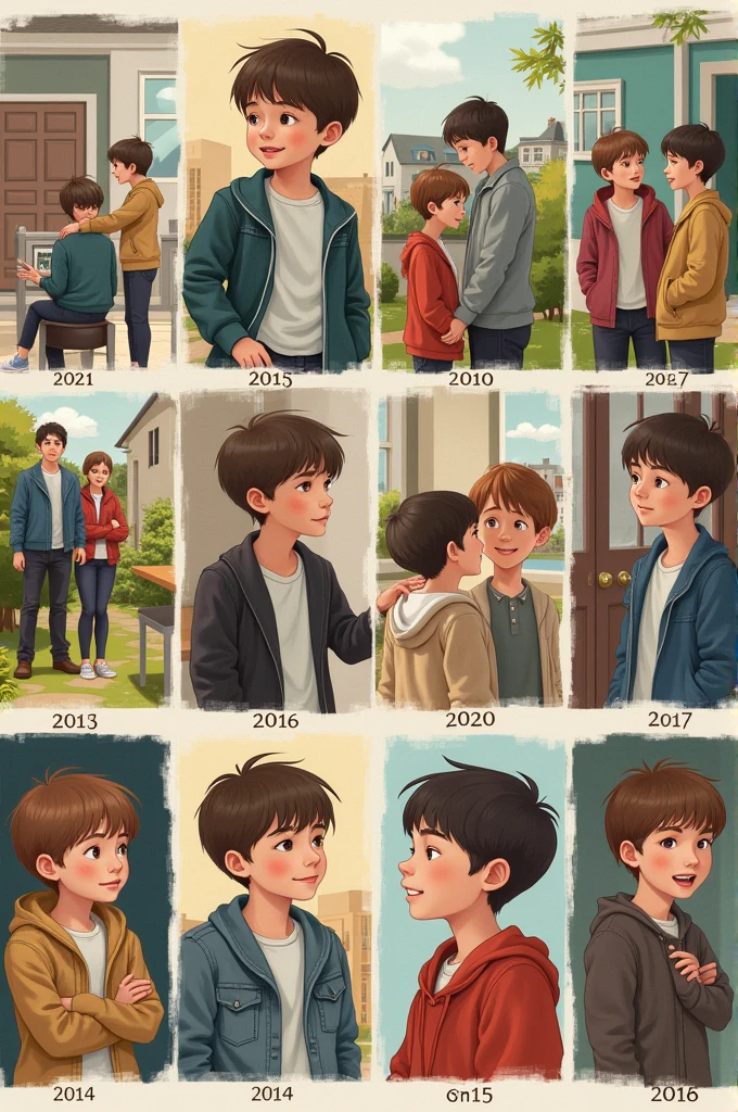 Create an image sequence.

  playing.

Same boy but  running.

Same boy already  studying.

Even though I already have a girlfriend.

Same person with the same girlfriend.

Same person at 18 in college.

Same person at 24 working with friends.

Same person 30 years old with a daughter and wife.