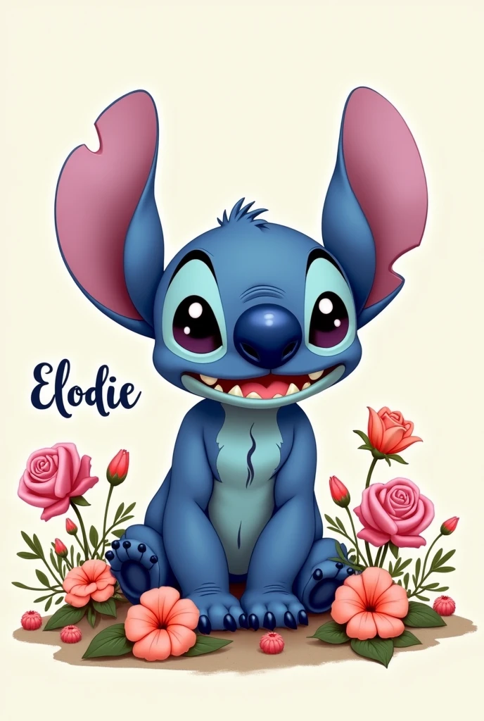 Stitch avec des fleurs et écrit " Elodie "