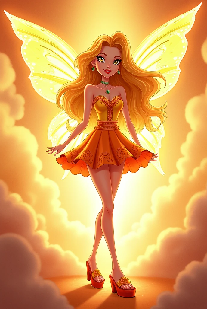 Winx club character Stella, wearing an orange mini skirt and platdorm slippers