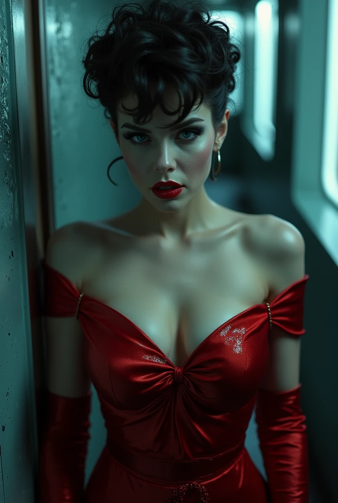 A close-up of a sensual, evil-smiling seduction scene in A Bewitching: A glamorous female singer with overwhelming beauty and heavy makeup, wearing her stage costume of a crimson satin off-shoulder dress with glitter, suddenly appears from the shadows of an unoccupied, eerily bright ship's corridor and seductively beckons a lost man. The man succumbs to his carnal desires and gives in to the temptation, losing himself in the pursuit of the woman's voluptuous buttocks as he is led along. The woman, who entered the elevator first, urges him to enter, saying that they will do something naughty inside, when the elevator is broken, and in fact the entire bottom panel has fallen out, revealing an abyss inside the shaft. She is a lost evil spirit who lures the living to death. Demonic, evil, lascivious smile showing teeth and tongue, tilting head, seductive gaze, looking at viewer, front, pov, focus on woman, bust shot, bright and strong overall lighting, brunette with short perm, reflective blue eyes, wet and shining red lips, aesthetic, glamor, soft and curvy, white skin, neck, collarbone, shoulders, cleavage, huge breasts, red long gloves,