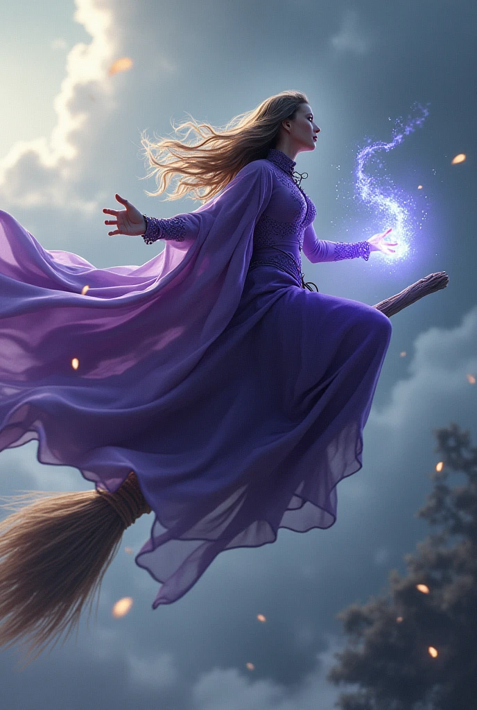 Witch flying on broom with flowing cape Purple Sarah