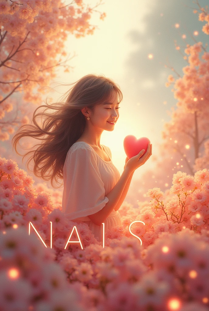 write "NAIS" in an aesthetic field in capital letter. write "you're a pretty girl with beautiful heart" as a phrase.