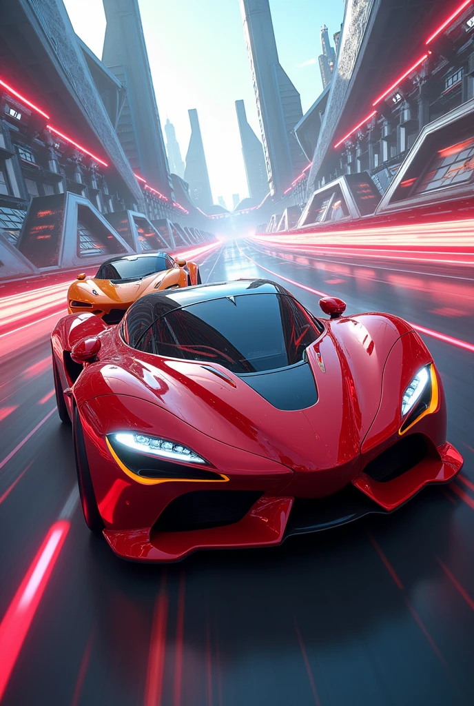 Race a red car vs an orange car, on a futuristic track, make orange the winner of the race.