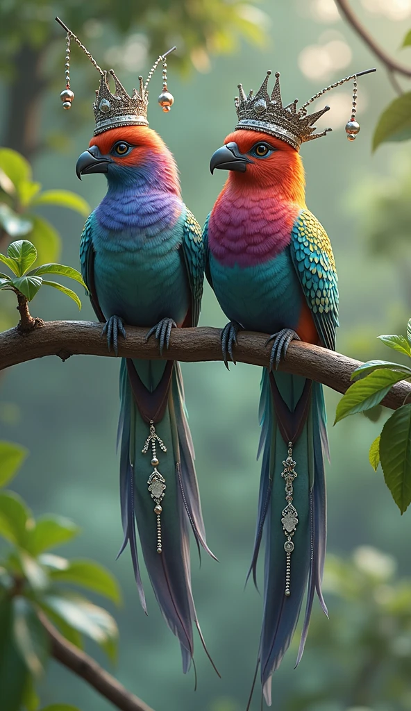 Create an 8K high-resolution image of two exotic, vibrant birds perched on a branch in a lush forest setting. The birds should have striking, multi-colored feathers with intricate patterns resembling gemstones, including shades of blue, purple, red, and green. They are wearing traditional Asian-style conical hats with elegant silver adornments. The birds' long, graceful tail feathers should feature ornate white designs with bead-like decorations. The background should be softly blurred, with natural sunlight filtering through the dense green foliage, creating a magical, serene atmosphere. Capture the details of the birds’ feathers and the hats in ultra-sharp resolution, ensuring a visually stunning and realistic appearance."
