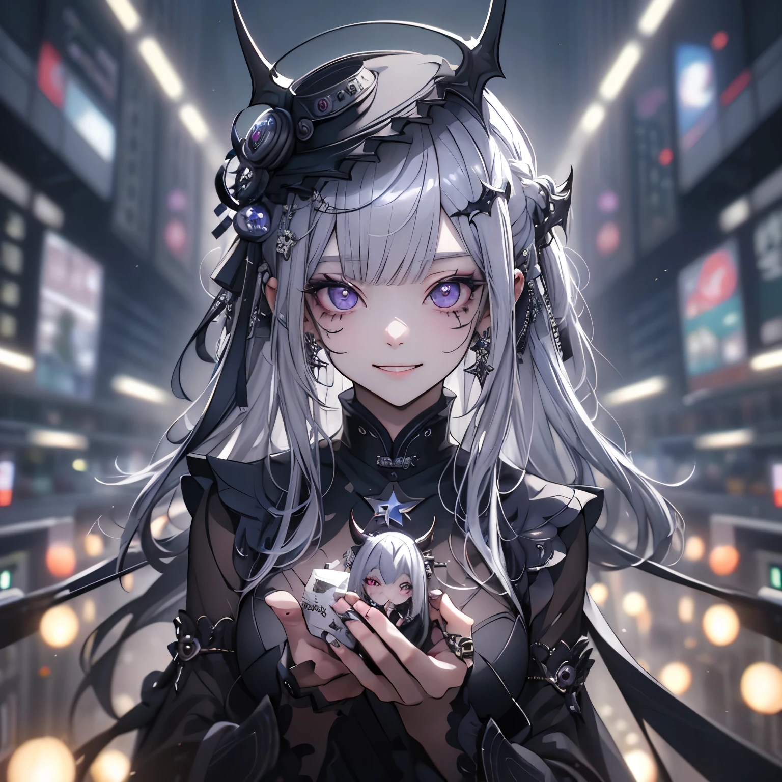 (masterpiece), Highest quality, Ultra-high resolution,Silver Hair、Black Hair、Big smile、Bat、Sick Makeup、(背景city:1.5)、Violet、、luxury、city、dazzling、luxuryなドレス
