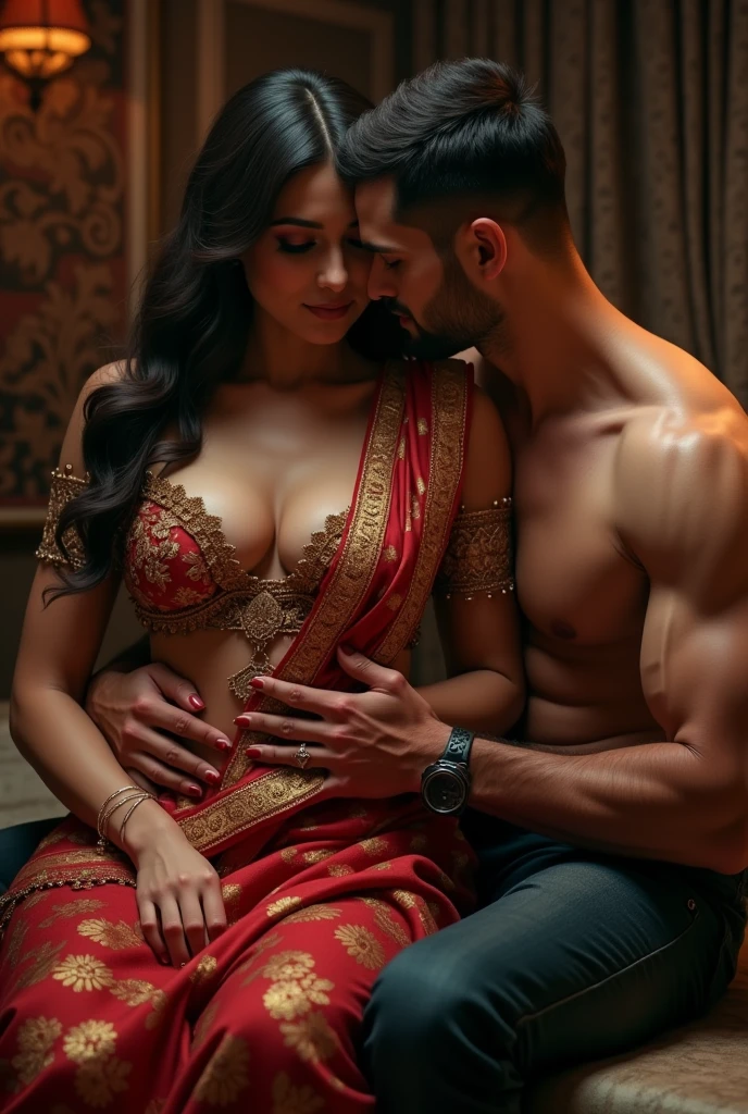 Sexy indian women, age 28 years, wedding saree, topless, lady chest is open and visible, large boobs, men grabbed right boob from behind, men's hand is on lady's chest, kissing her neck, and left boob is visible, decorated bedroom scene.