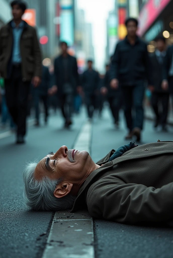 An elderly homeless man lies dead with his eyes closed on the street in Shinjuku, Tokyo、Next to him were many office workers andOLBut he's walking along without paying any attention.、urban solitude、The coldness of the city、