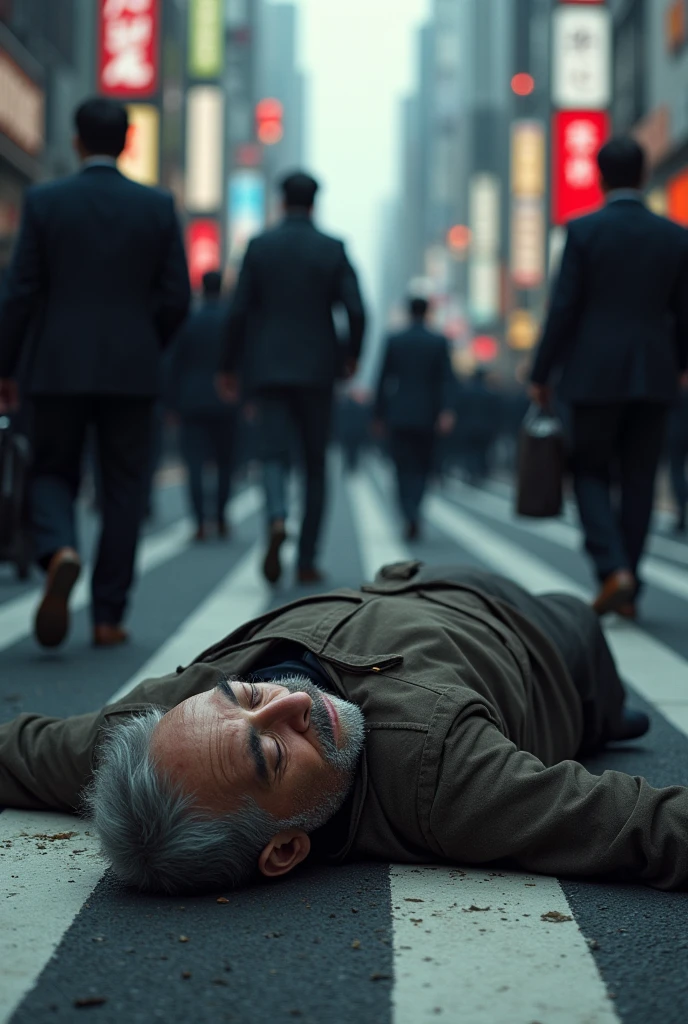 An elderly homeless man lies dead with his eyes closed on the street in Shinjuku, Tokyo、Next to him were many office workers andOLBut he's walking along without paying any attention.、urban solitude、The coldness of the city、