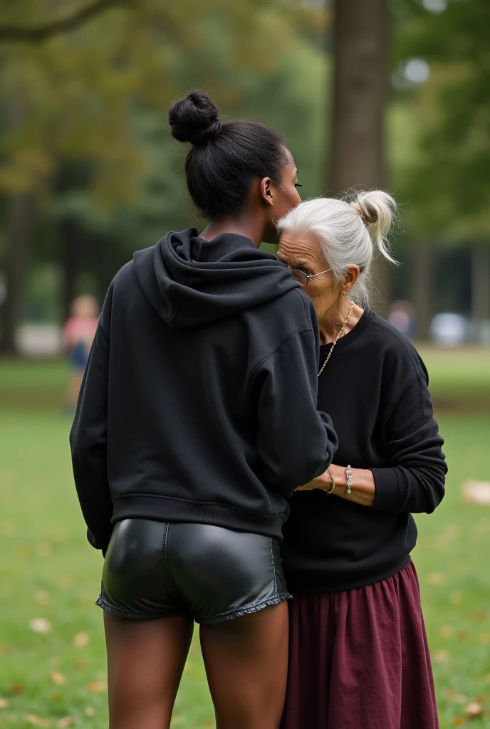 black woman hair in a bun black hoodie black leather short shorts bending over getting fucked in the ass by a old ugly woman in a dress in a park
