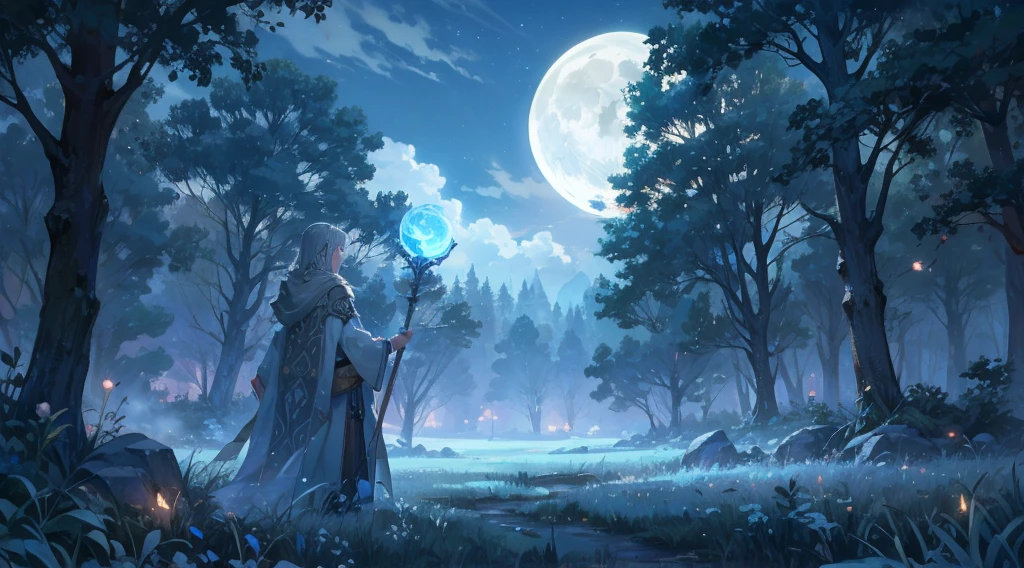 A serene, moonlit clearing in a deep forest, surrounded by ancient trees. The ground is covered with soft, gentle grass, illuminated by silver and blue light from the moon. A light mist drifts through the clearing, adding a mystical and ethereal atmosphere. In the center of the clearing, a lone adventurer dressed as a mage stands, holding a glowing staff. The mage is wearing a long cloak with intricate patterns and a hood, with an aura of magical energy around them. The sky is filled with twinkling stars, creating a calm and tranquil scene, perfect for a fantasy Celtic setting.
