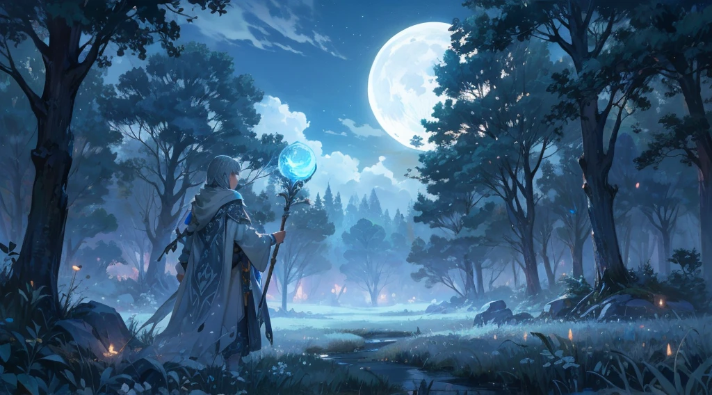 A serene, moonlit clearing in a deep forest, surrounded by ancient trees. The ground is covered with soft, gentle grass, illuminated by silver and blue light from the moon. A light mist drifts through the clearing, adding a mystical and ethereal atmosphere. In the center of the clearing, a lone adventurer dressed as a mage stands, holding a glowing staff. The mage is wearing a long cloak with intricate patterns and a hood, with an aura of magical energy around them. The sky is filled with twinkling stars, creating a calm and tranquil scene, perfect for a fantasy Celtic setting.