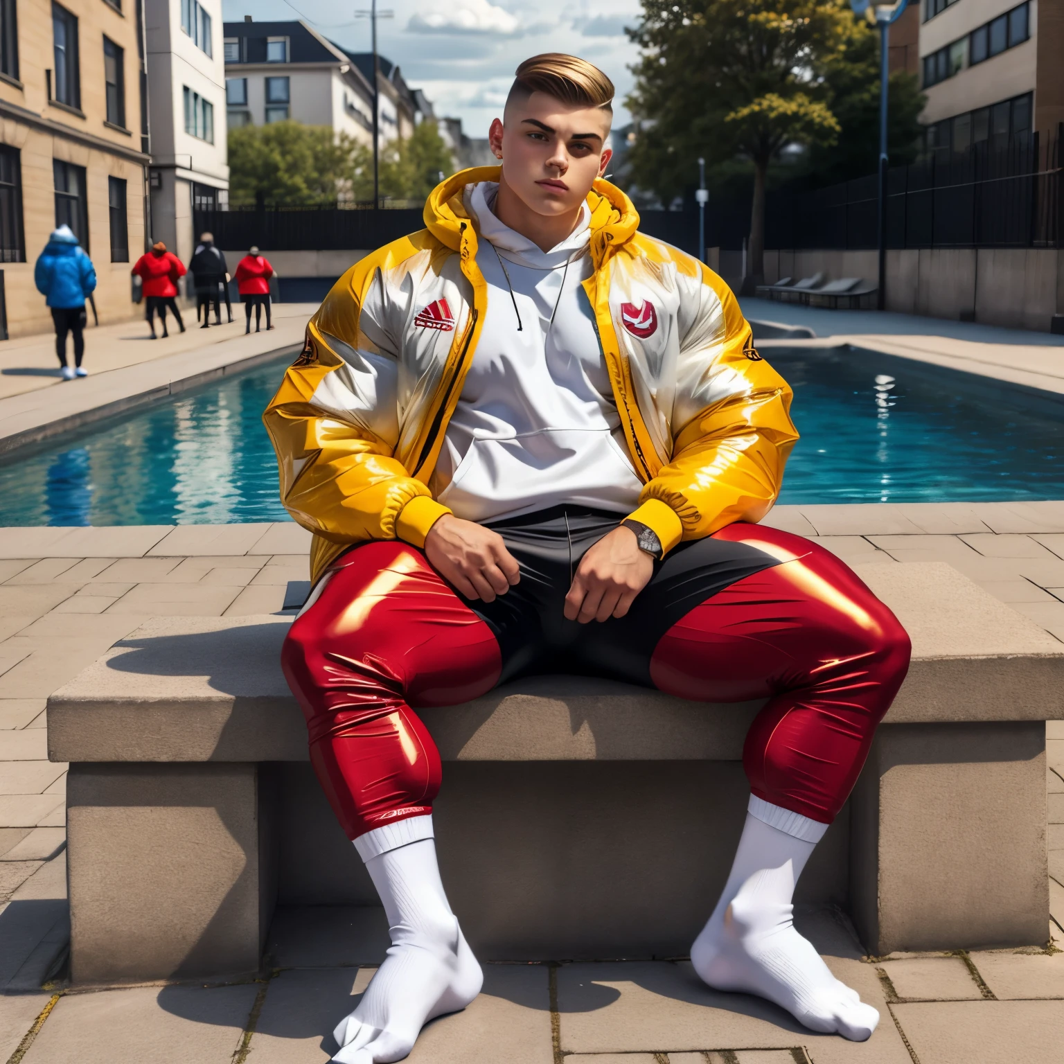 full view teenage arrogant chubby white european chav 15 yo boy, with styled clean shaved brown undercut haircut, wearing Nike white socks, golden sovereign rings, adidas black nylon tight trackie pants, in puffy Canada Goose shiny over-inflated down jacket in transparent red PVC like a pool buoy, sitting in his white socks on a stone bench, showing off his white Nike socks, looking around, street evening, young chavs in different styles of outfits passing behind