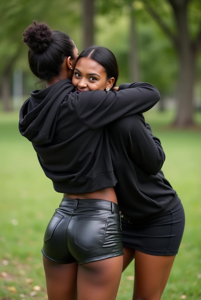 black woman hair in a bun black hoodie black leather short shorts bending over getting fucked in the ass by a old ugly woman in a dress in a park