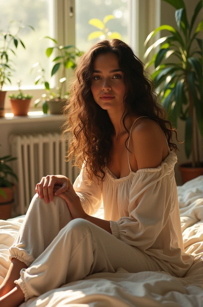 (photorealism:1.2), beautiful woman, sitting on bed, wearing loose off-shoulder top, pajama pants, long curly hair, indoors, soft lighting, plants in background, window with sunlight, cozy room, relaxed pose, realistic, intricate details, warm colors, by Greg Rutkowski, by Alphonse Mucha