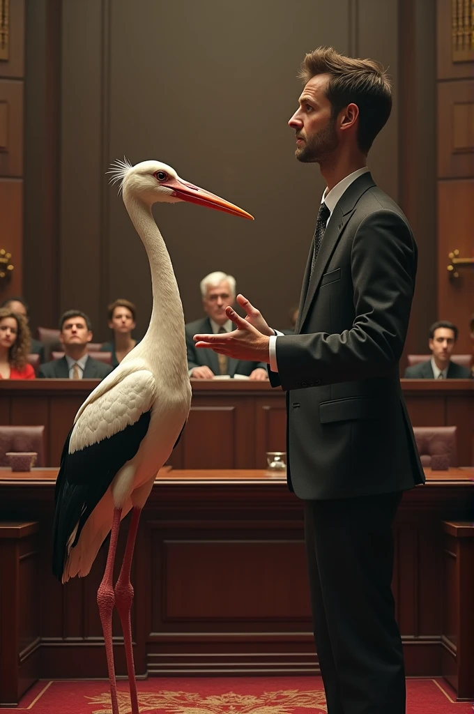 A stork is being questioned as an accused in a courtroom by the judge and has a lawyer 