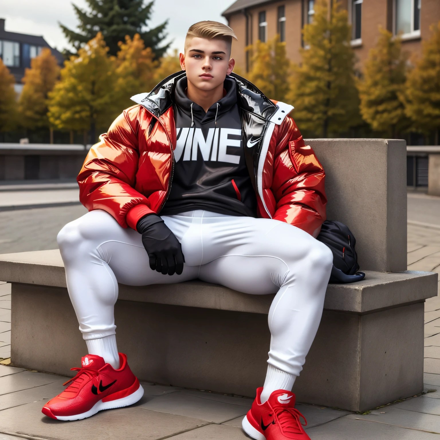 full view teenage arrogant chubby white european chav 15 yo boy, with styled clean shaved brown undercut haircut, wearing Nike white socks, golden sovereign rings, adidas black nylon tight trackie pants, in puffy Canada Goose shiny over-inflated down jacket in transparent red PVC like a pool buoy, sitting in his white socks on a stone bench, showing off his white Nike socks, looking around, street evening, young chavs in different styles of outfits passing behind