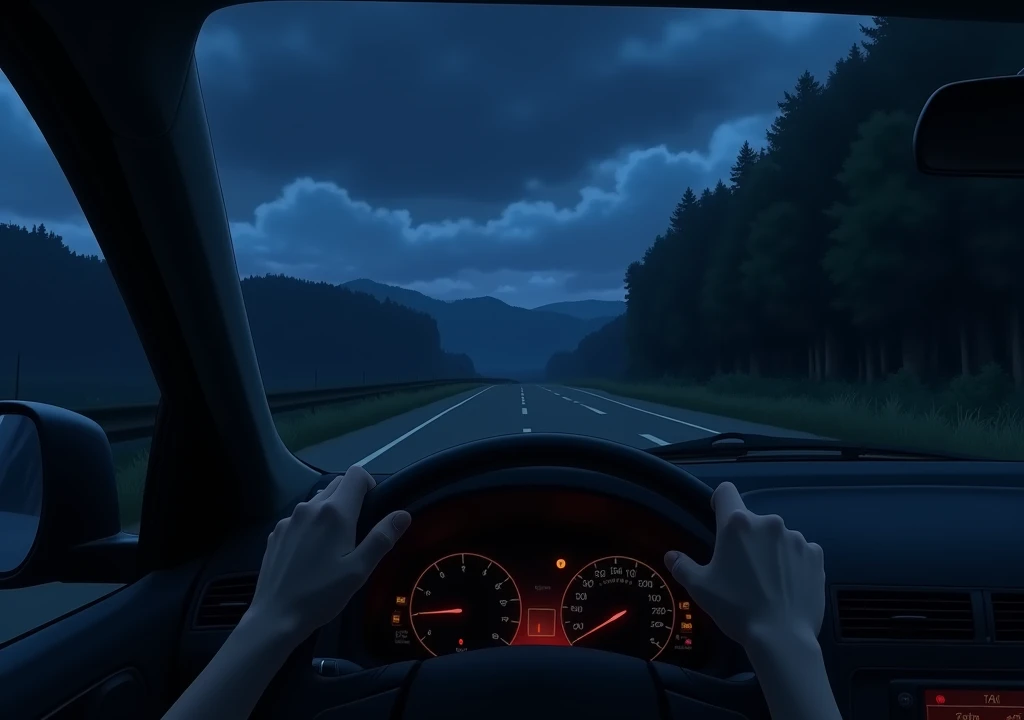 Interior of a car, the night with the sky is very cloudy, a road with a cliff on the left side and a forest on the right as seen from inside the car, black hands on the steering wheel, a blue setting in Anime style
